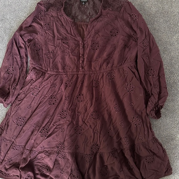 size 2 Torrid Women Plus Boho Mini Eyelet Challis Long Sleeve Shirt Dress - Picture 1 of 8